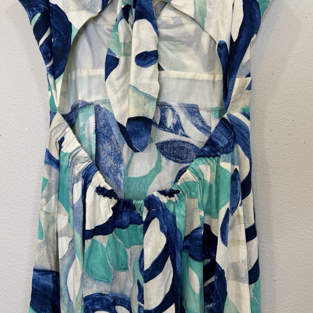 1 State Maxi Dress Womens Size Large Blue Floral Linen Blend Open Back High Slit - Picture 10 of 14